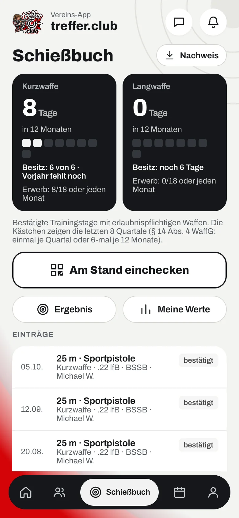 Digitales Schießbuch in der treffer.club-App