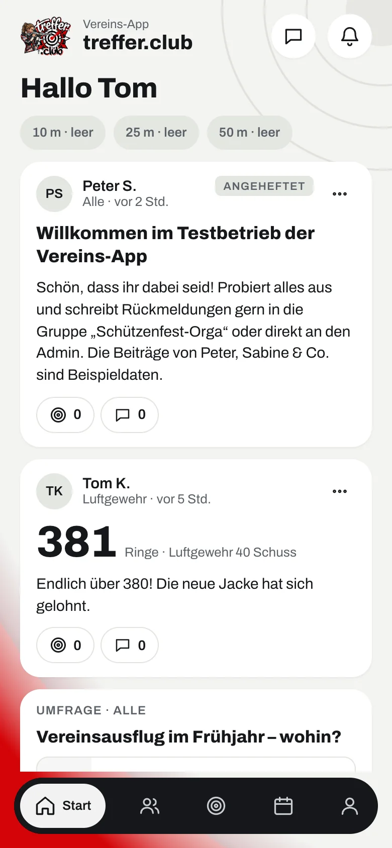 Startseite der treffer.club-App mit Dienst, Terminen und Mitteilungen